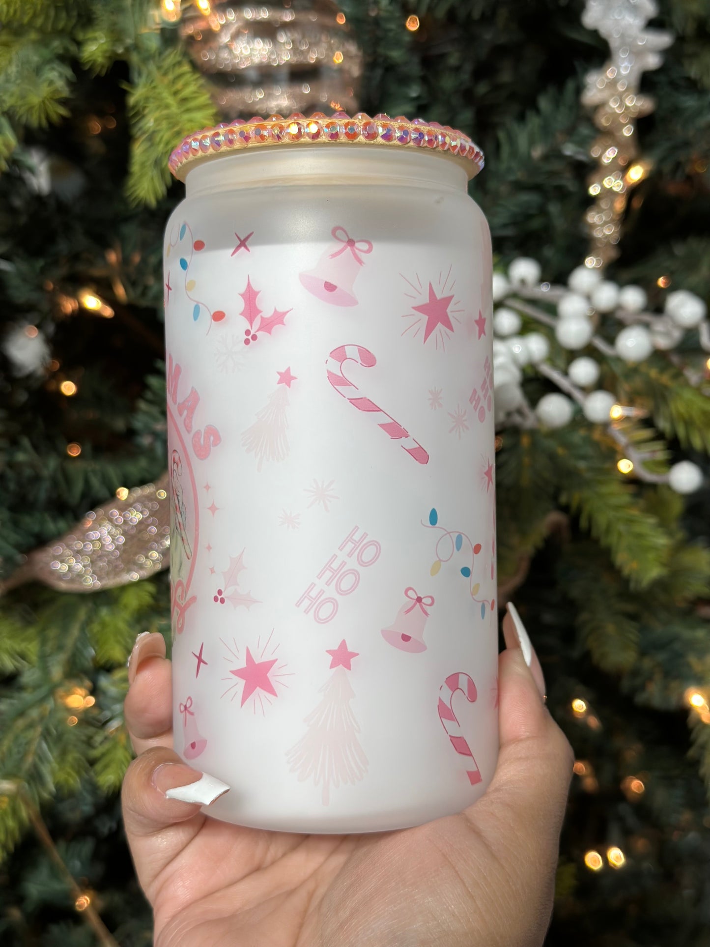 Pink Christmas Vibes Glass Cup, Christmas Gift, 16oz Libby Glass