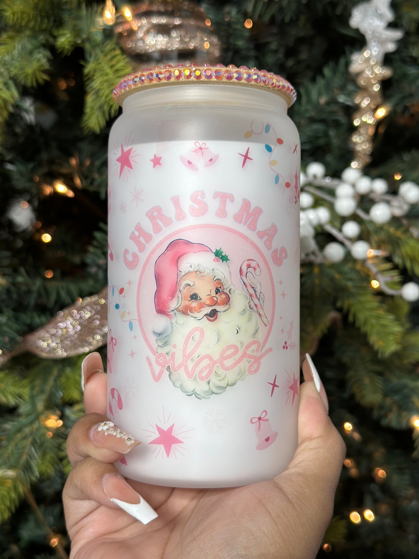 Pink Christmas Vibes Glass Cup, Christmas Gift, 16oz Libby Glass