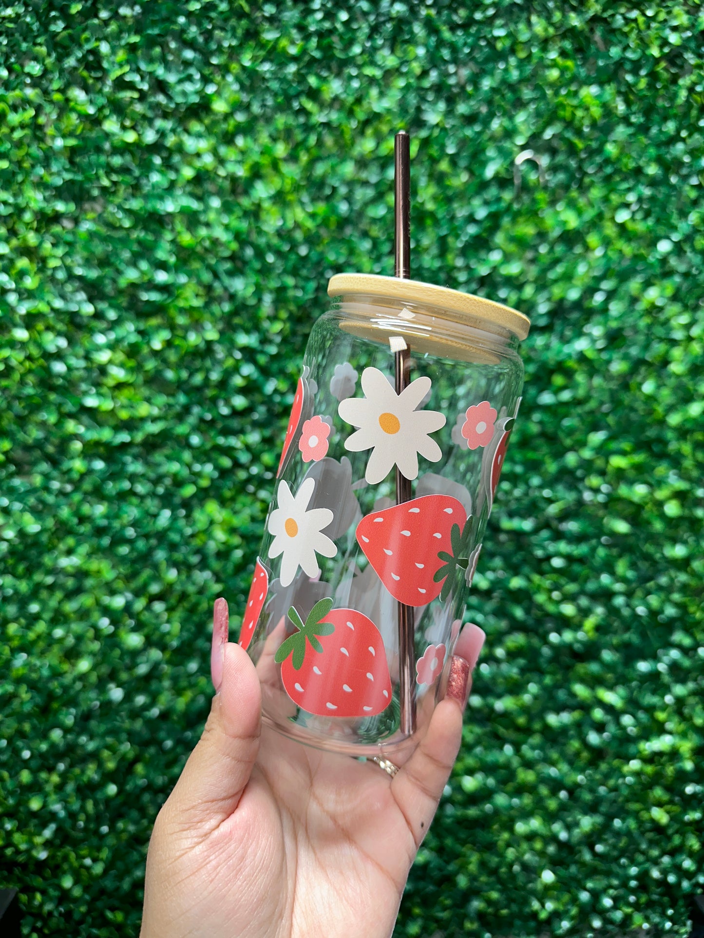 Cute Strawberry Glass Cup, Iced Coffee, Valentines Gift