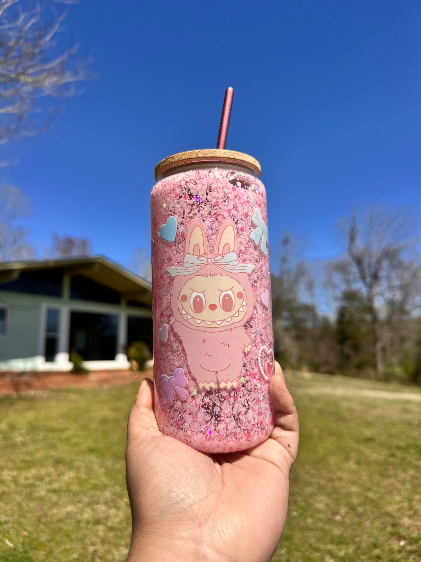 Labubu Snowglobe Glass Cup, Pink 16oz Glass Cup