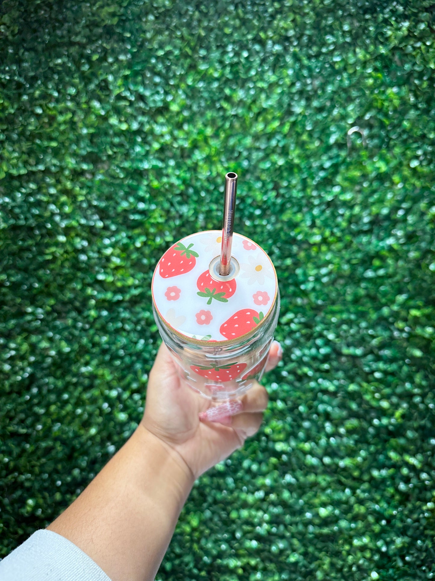 Cute Strawberry Glass Cup, Iced Coffee, Valentines Gift