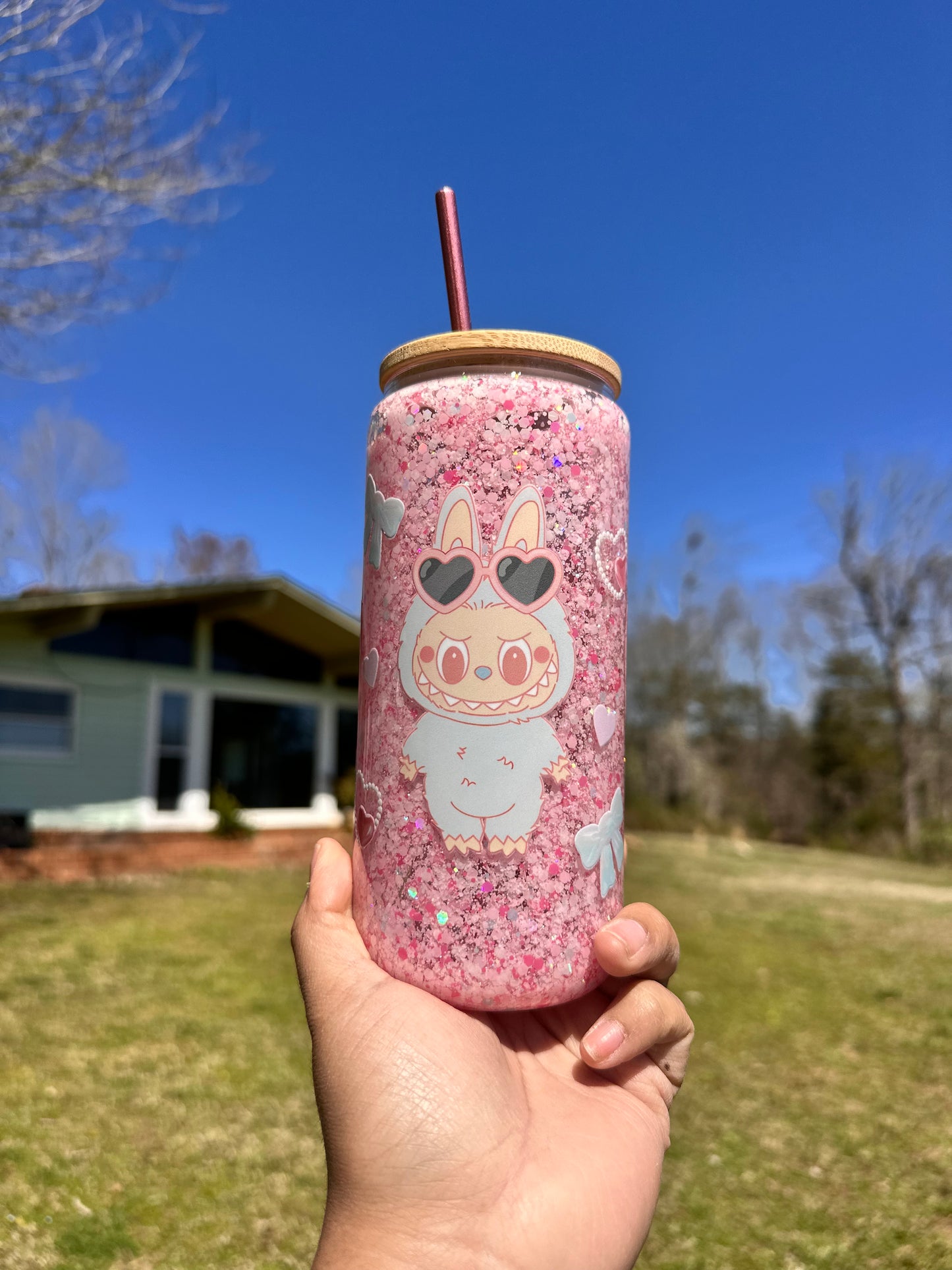 Labubu Snowglobe Glass Cup, Pink 16oz Glass Cup