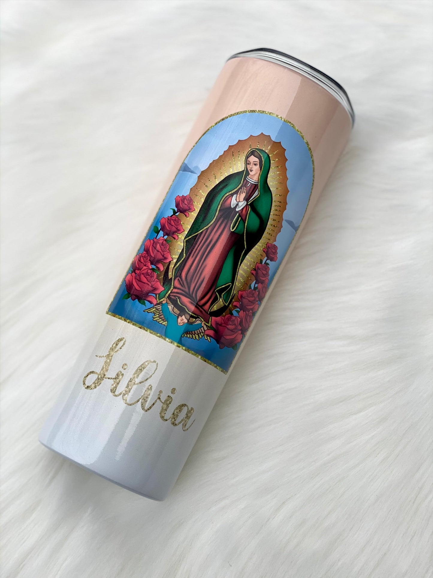 La Virgen De Guadalupe Tumbler, Skinny Tumbler, Personalized Virgin Mary 20oz Tumbler, Travel Coffee Mug, Glitter Tumbler