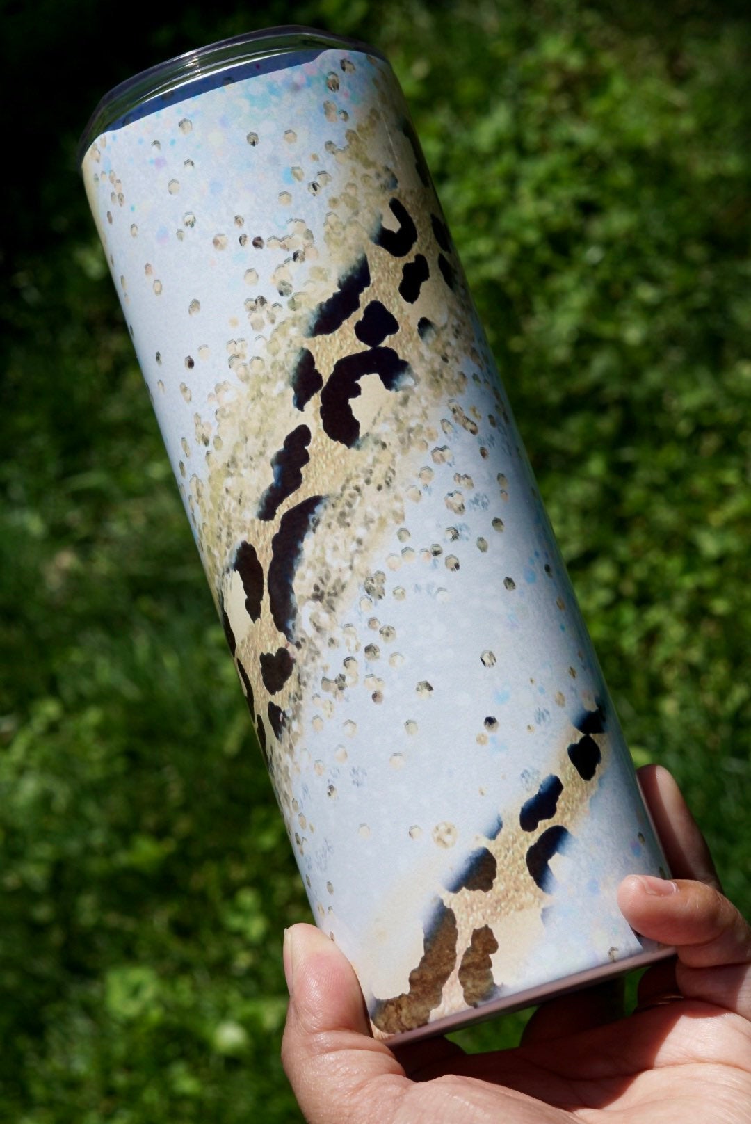 Leopard Tumbler, Glitter Skinny Tumbler, 20oz Tumbler, Gold & Black Travel Coffee Mug, Custom Tumbler