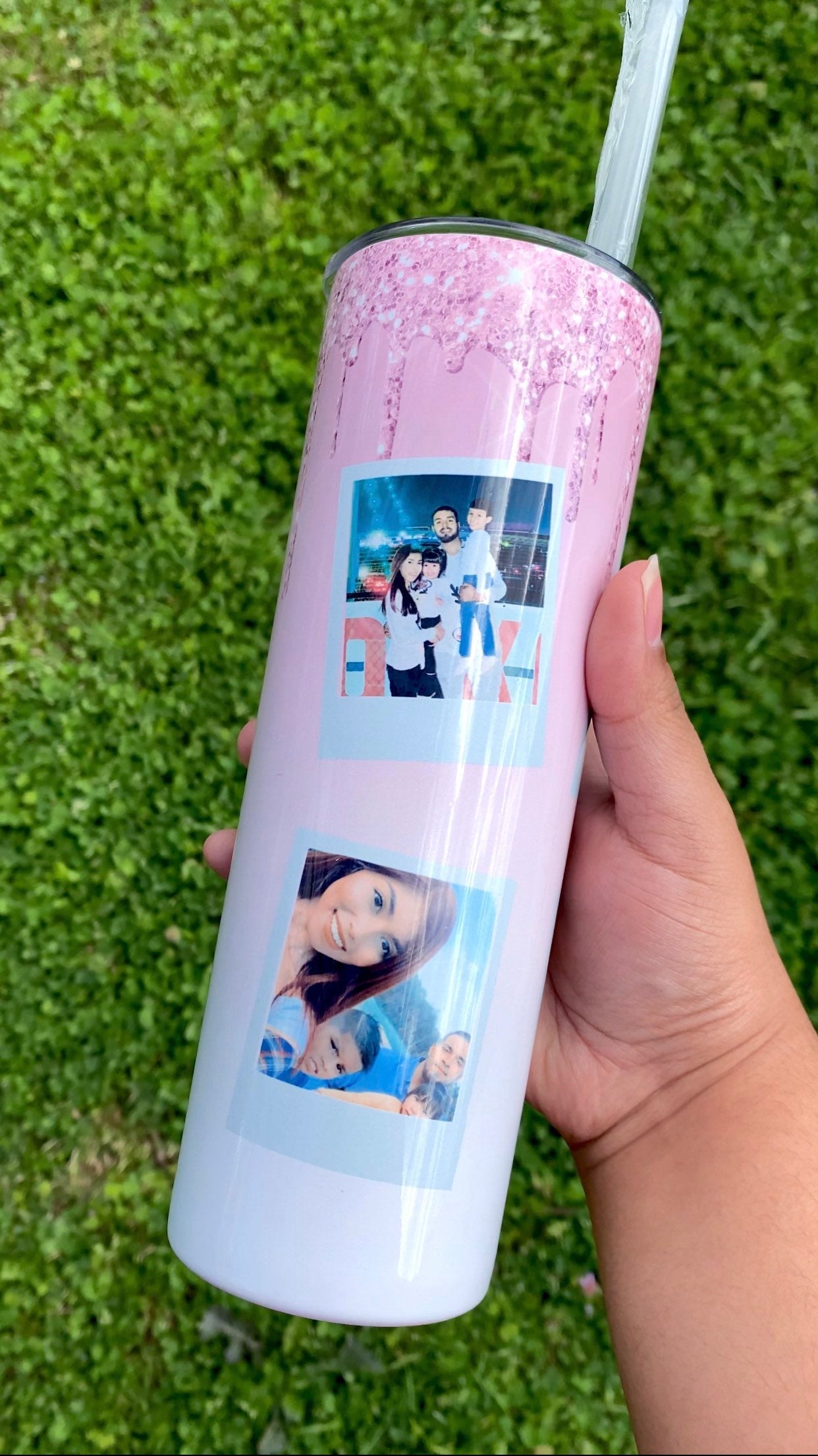 Pink Drip Picture Tumbler, Personalized Skinny Tumbler, 20oz Tumbler, Glitter Travel Coffee Mug, Custom Tumbler, Picture Tumbler