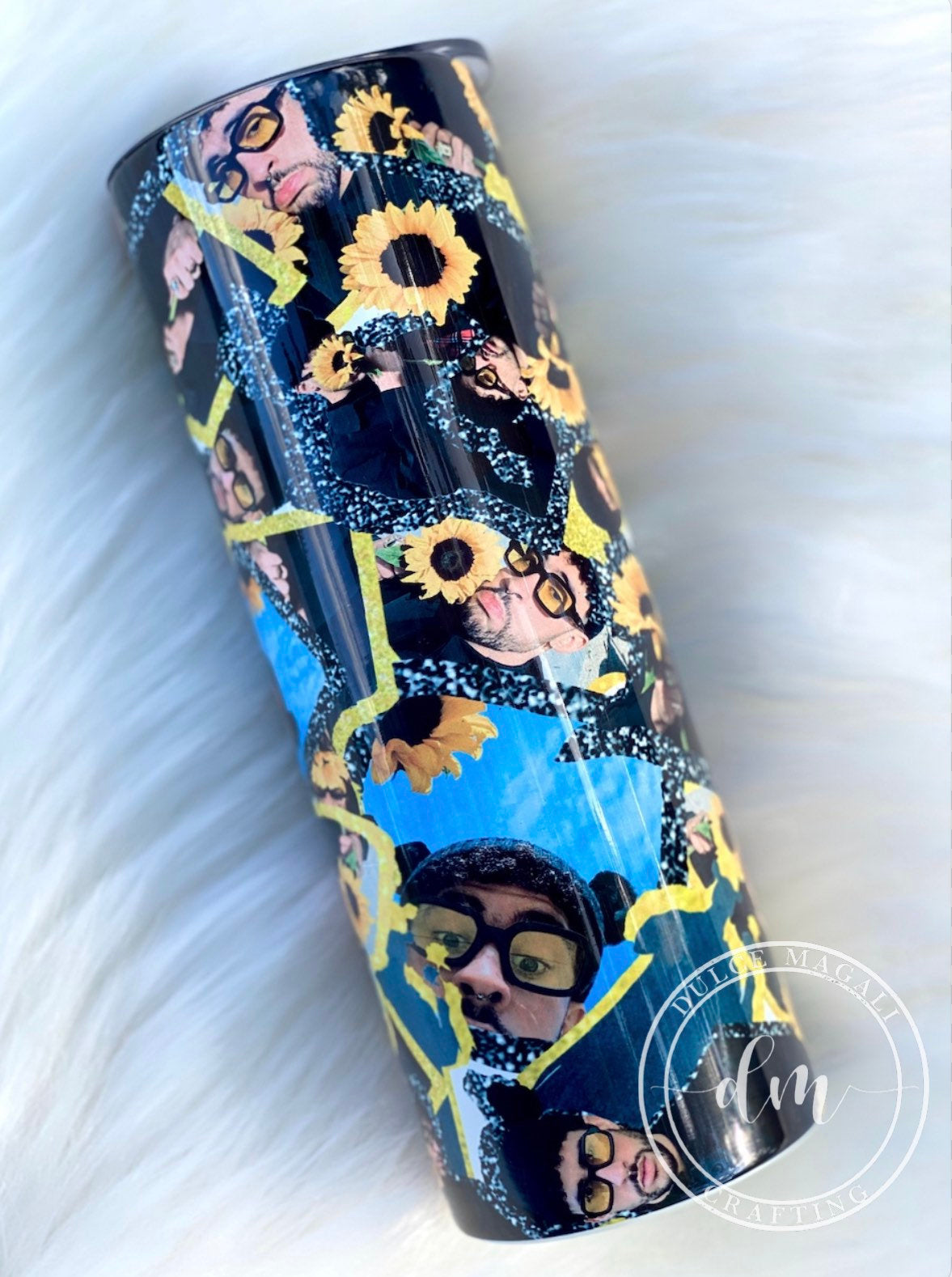 Bad Bunny Sunflower Tumbler, Skinny Tumbler, Bad Bunny Cup, Black 20oz Tumbler, Sunflower Travel Coffee Mug, Custom Tumbler, Bad Bunny Sunflower Cup