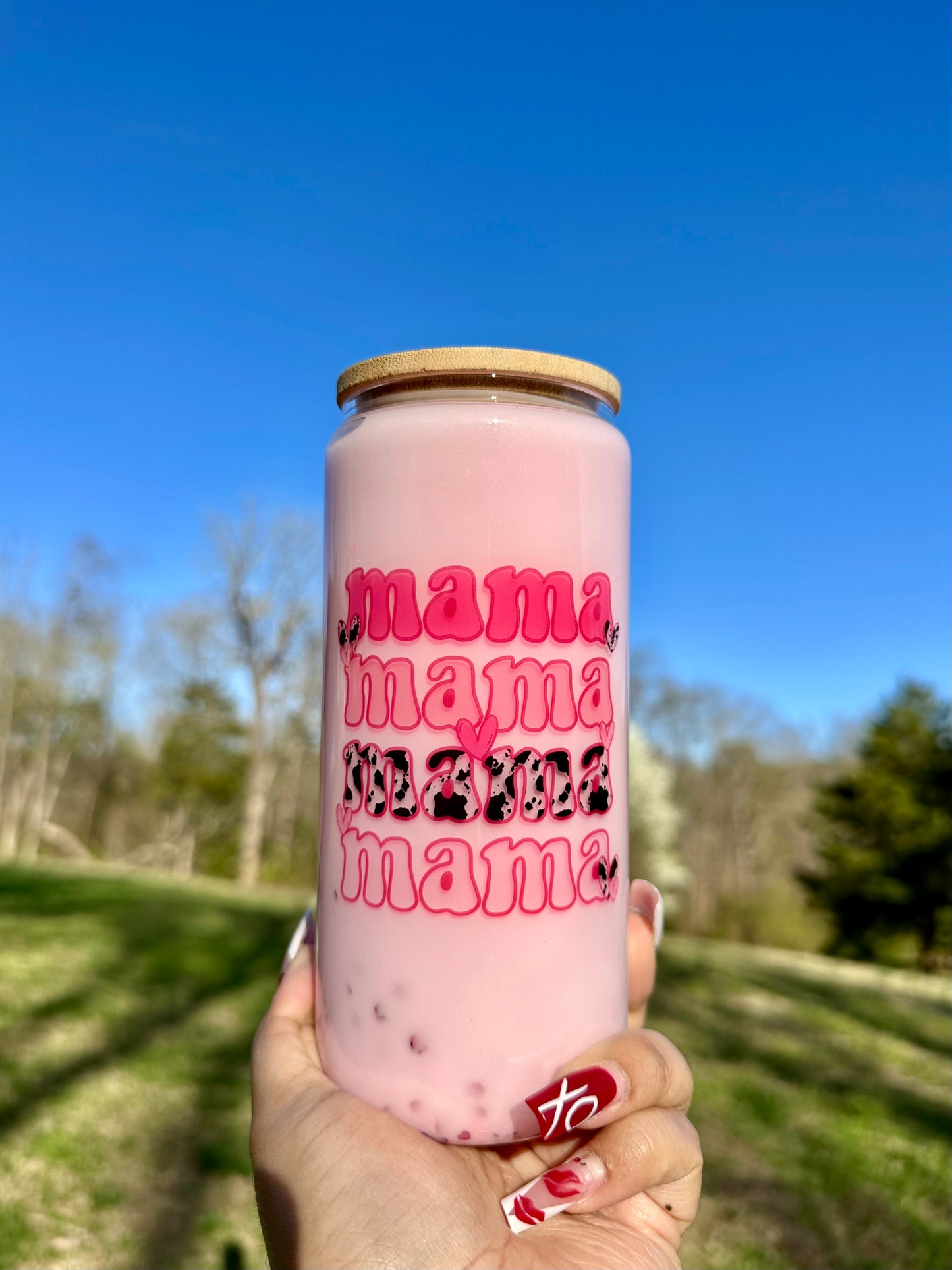 Mama cowprint Snowglobe Glass Cup, Pink 16oz Glass Cup