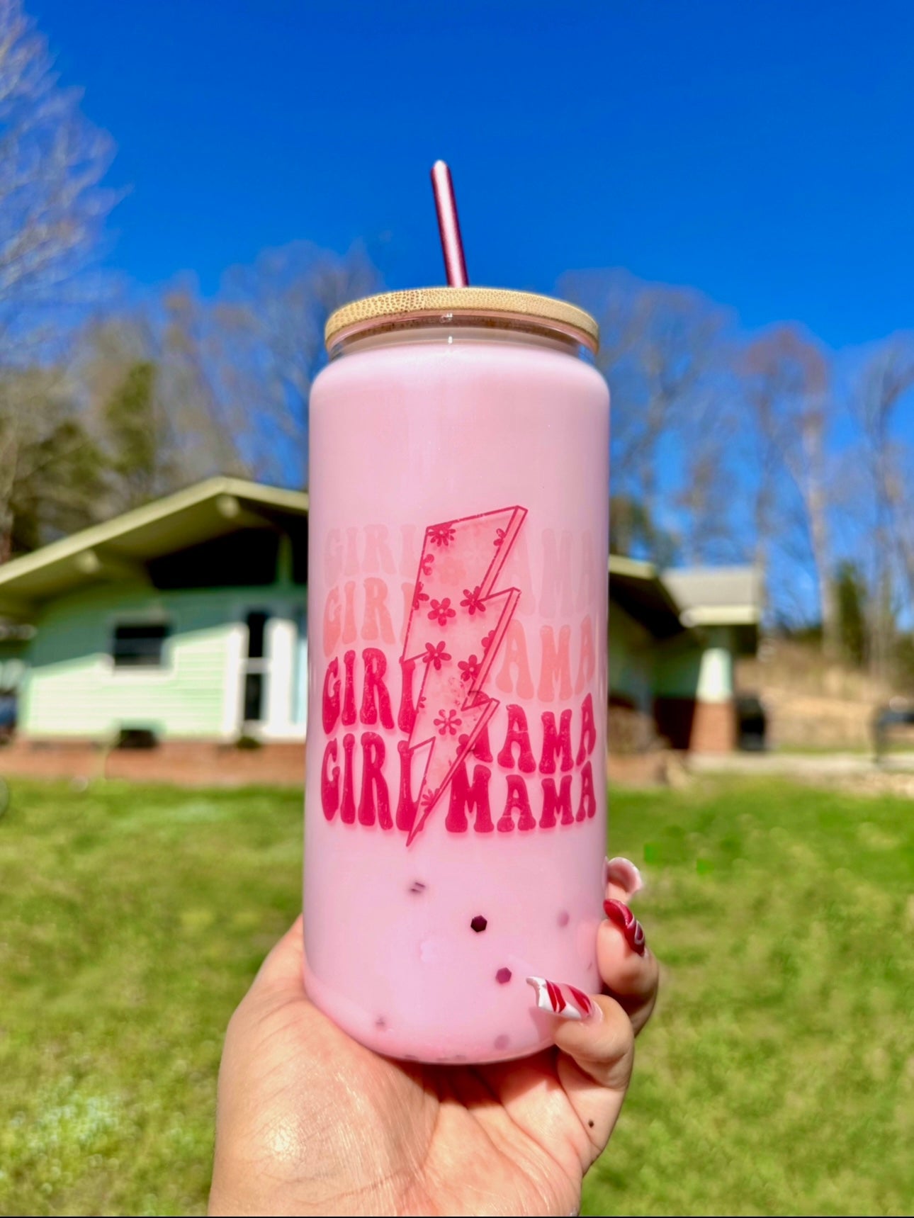 Girl Mama Snowglobe Glass Cup, Pink 16oz Glass Cup