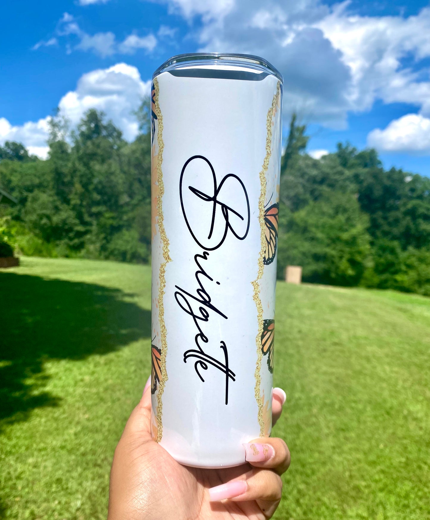 Sunflower & Butterflies Tumbler, Flower Gift, Flower Cup, Butterflies 20oz Skinny Tumbler