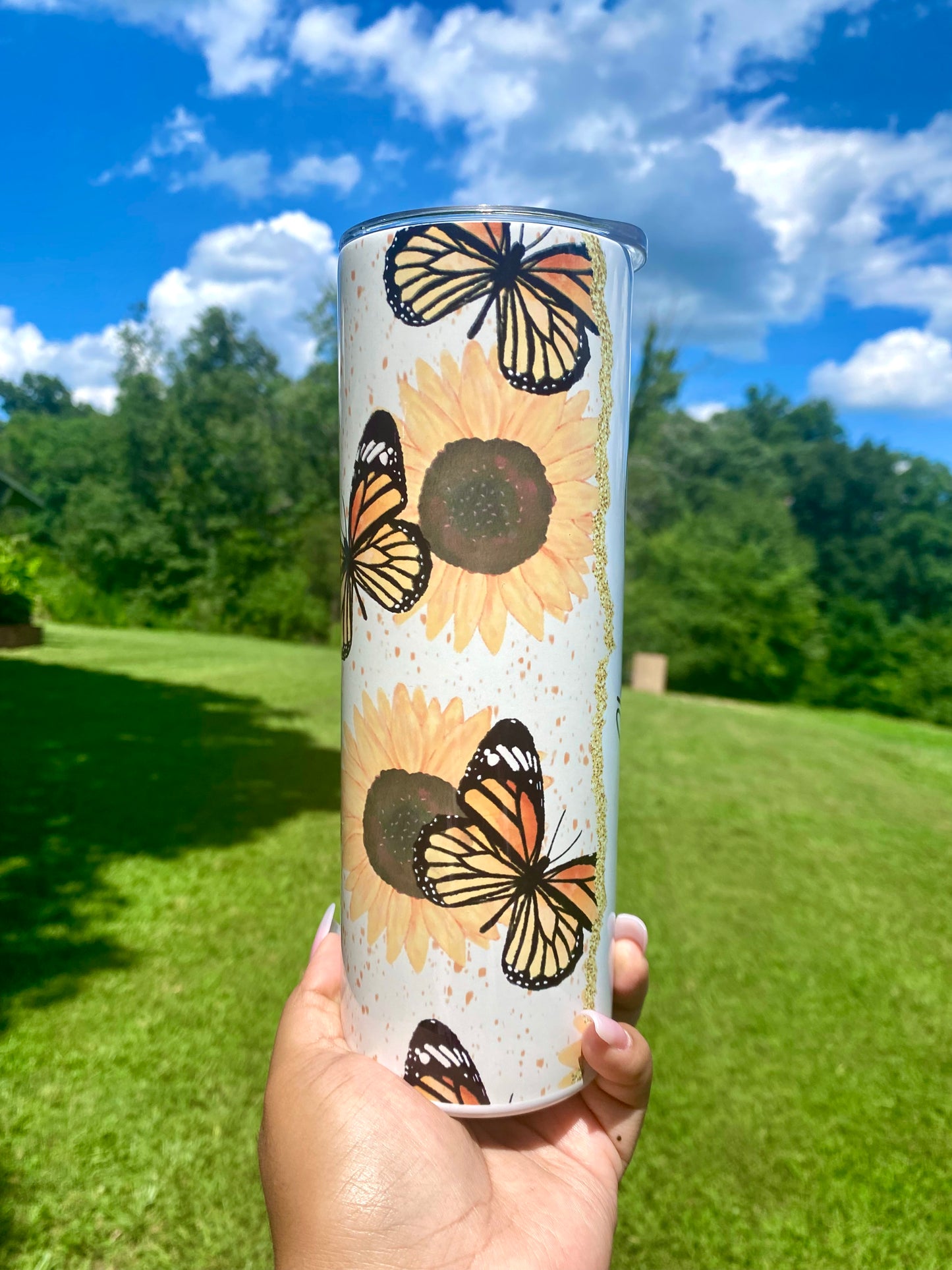 Sunflower & Butterflies Tumbler, Flower Gift, Flower Cup, Butterflies 20oz Skinny Tumbler