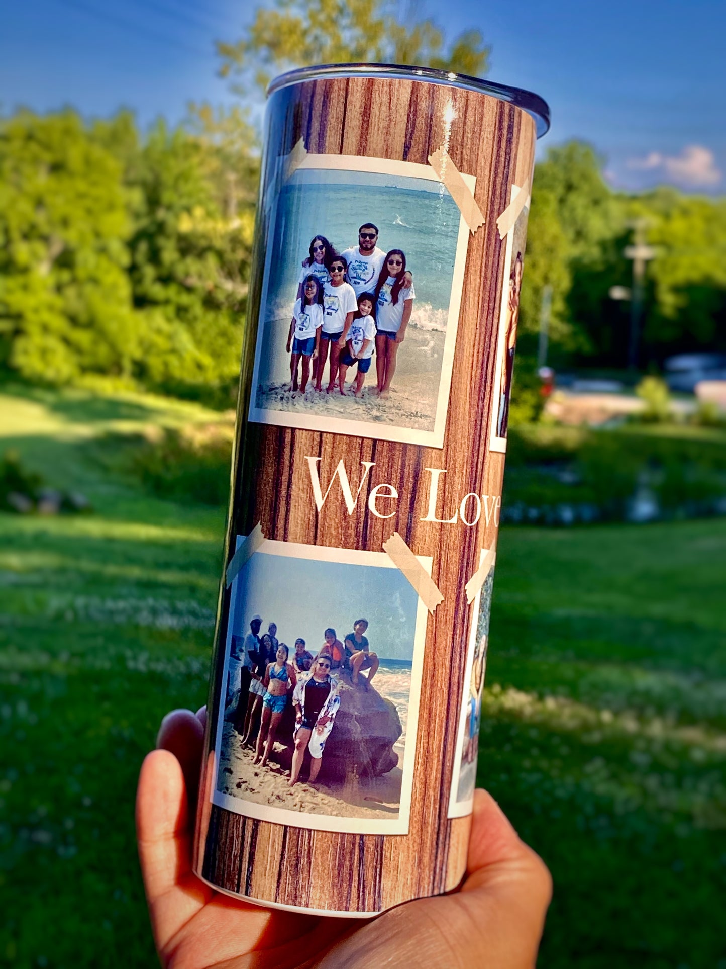 Wood Grain Photo Skinny Tumbler, 20oz Tumbler, Personalized Travel Coffee Mug, Custom Tumbler, Picture Tumbler