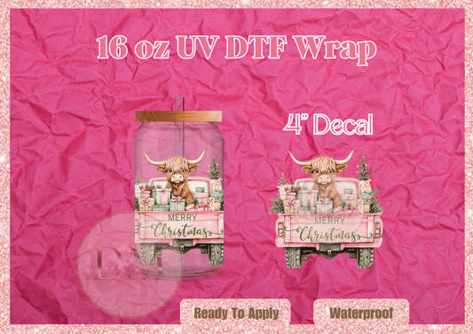 Pink Christmas Highland UV DTF Decal