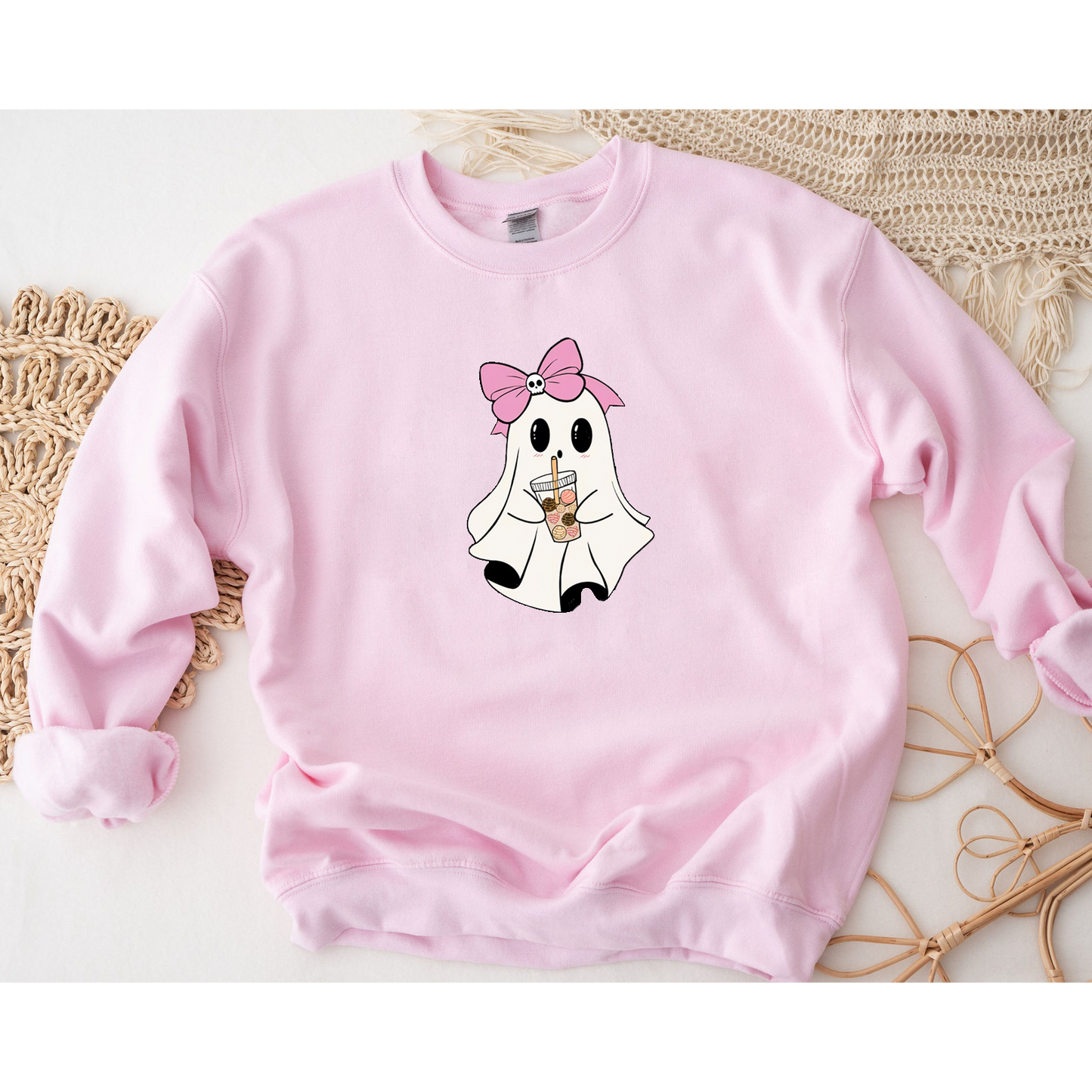 Coquette Iced Coffe Ghost Sweatshirt, Cute Coffee Pink Sweatshirt, Crewneck