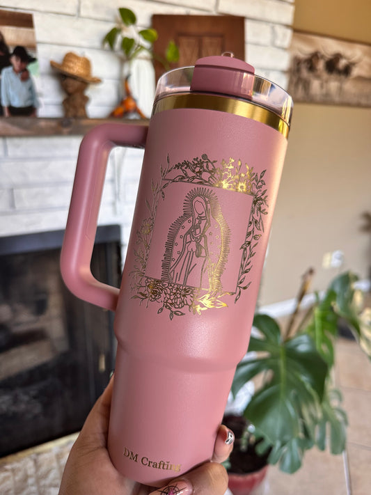 Pink Virgencita Stanley, Pink Flower Tumbler