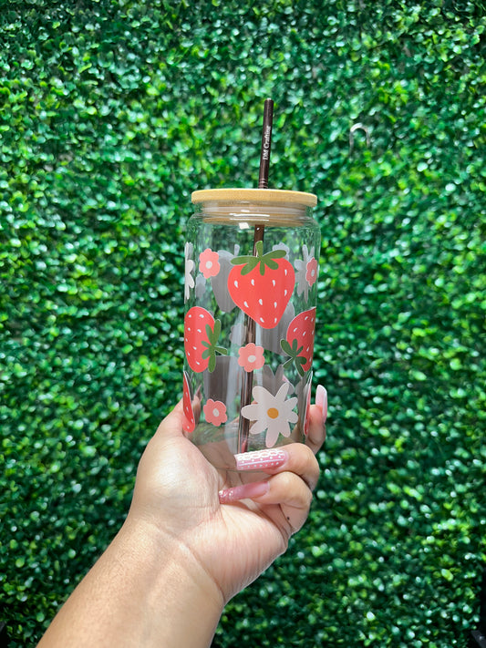 Cute Strawberry Glass Cup, Iced Coffee, Valentines Gift