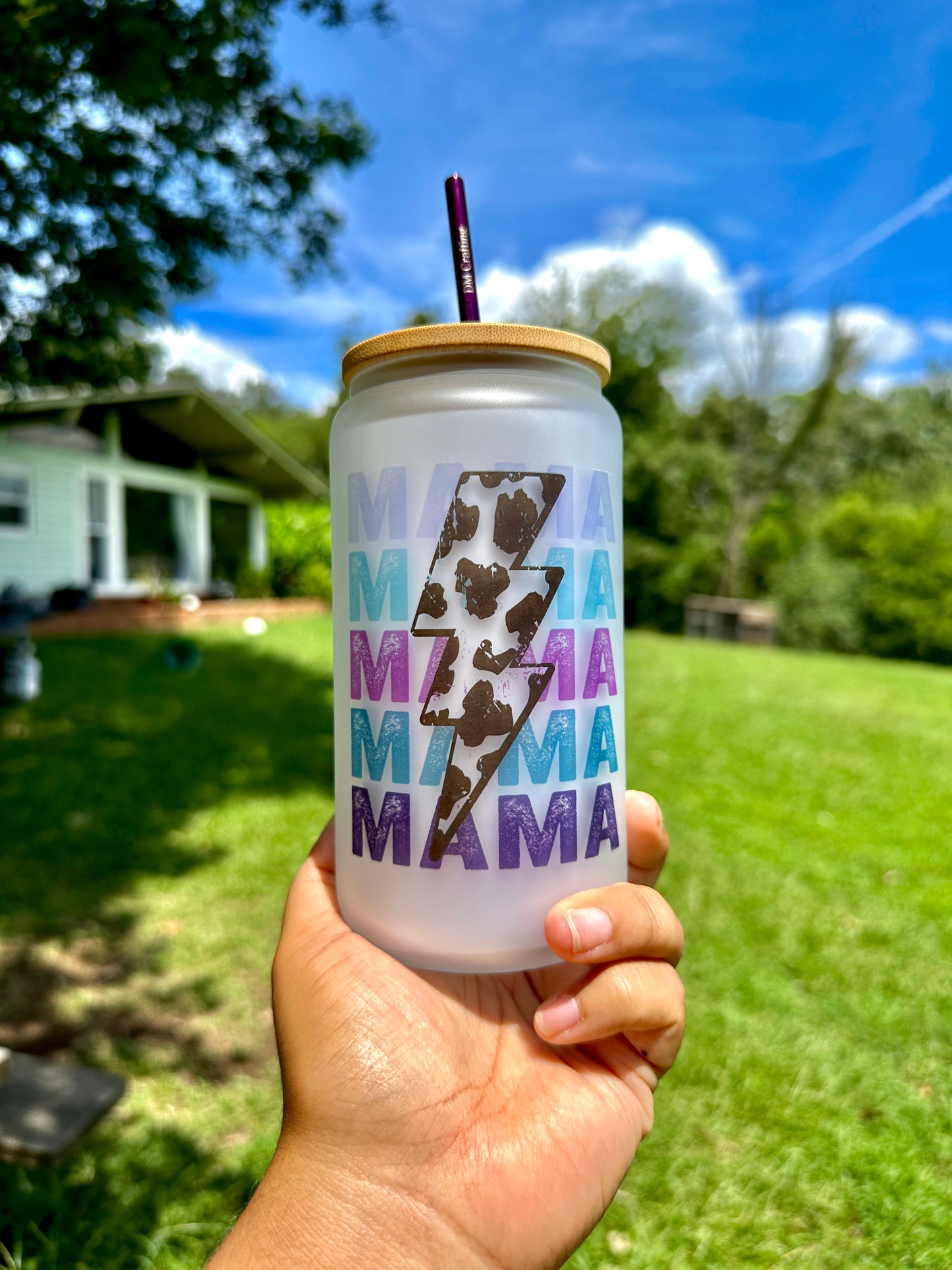 Mama Cow Print Glass Cup, Purple 16oz Glass Cup