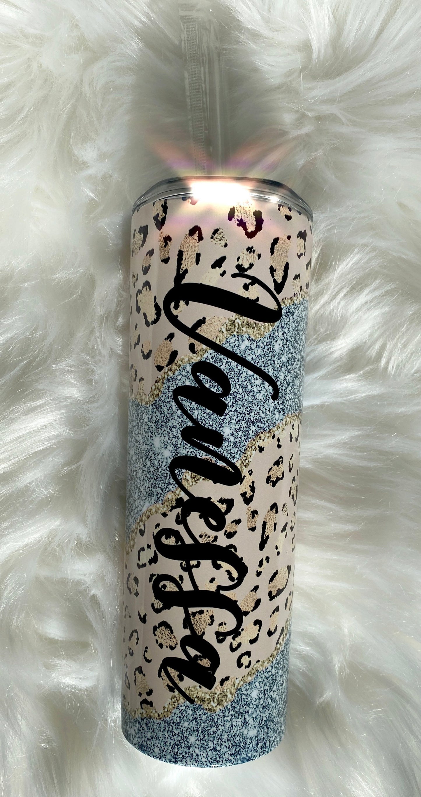 Glitter Cheetah Tumbler, Skinny Tumbler, 20oz Tumbler, Travel Coffee Mug, Glitter Tumbler