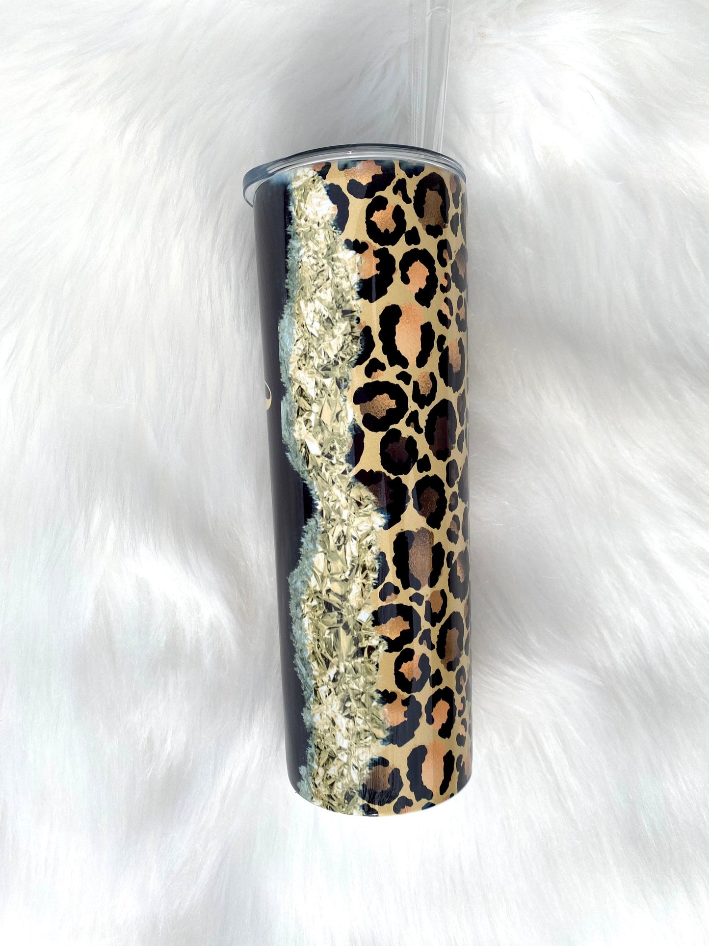 Glitter Cheetah Tumbler, Skinny Tumbler, 20oz Tumbler, Travel Coffee Mug, Glitter Tumbler