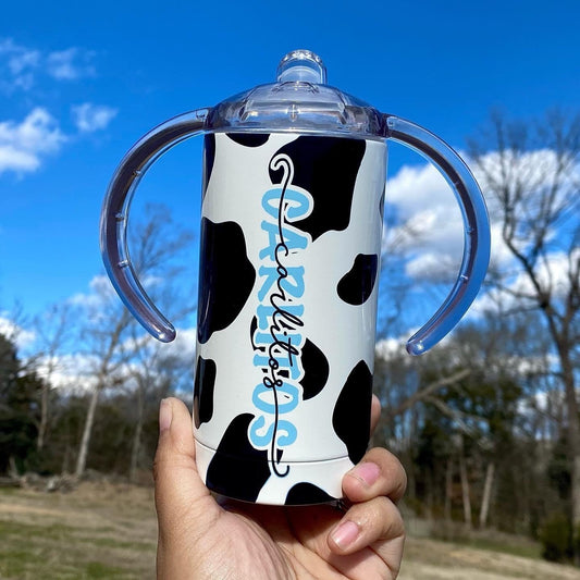 Cow Print Sippy Cup, Pink or Blue Sippy Cup, 12oz Tumbler, Custom Tumbler, Spill Proof Sippy Cup