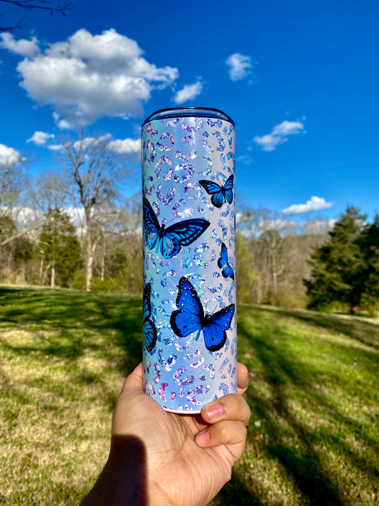 Leopard Butterfly Tumbler, Spring Tumbler, Leopard Print, Colorful Cup, 20 oz Skinny Tumbler