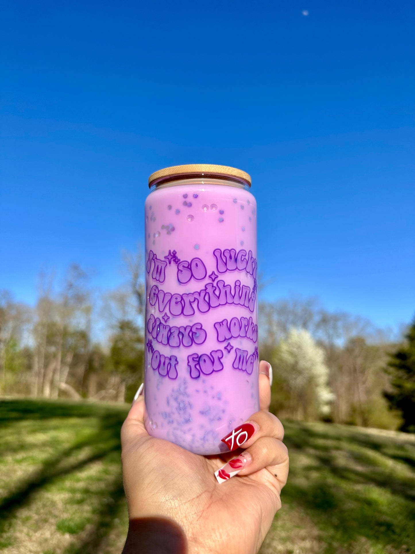 Lucky Girl Syndrome Snowglobe Glass Cup, Purple 16oz Glass Cup