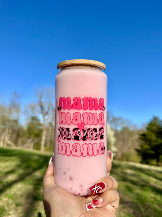 Mama cowprint Snowglobe Glass Cup, Pink 16oz Glass Cup