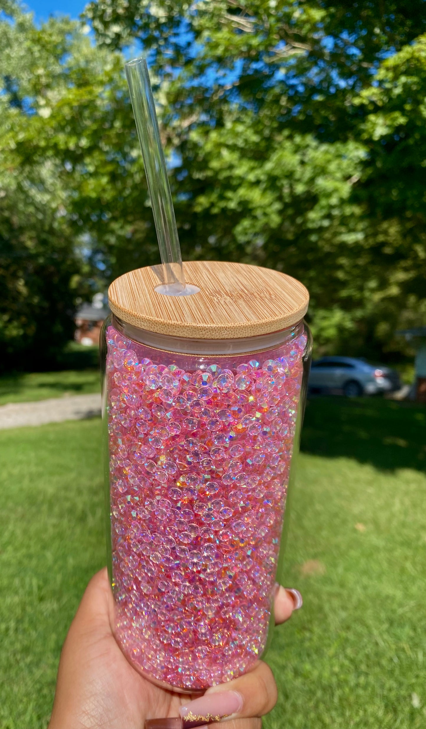 Shimmer Colored glass Libby cups rhinestone lid with straw 16oz