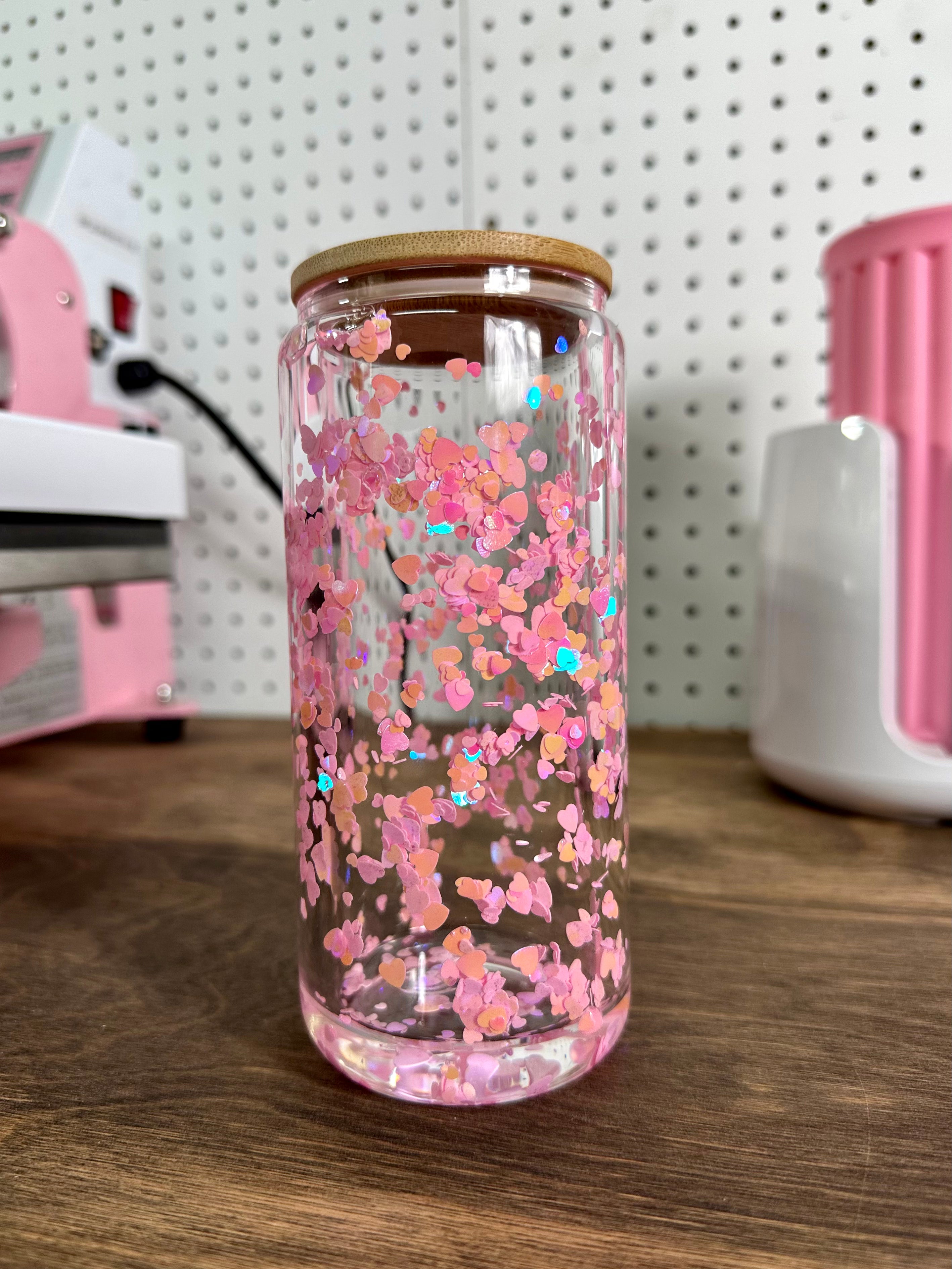 Hearts Snow Globe Glass Cup, Pink 16oz Glass Cup – DM Crafting By Dulce