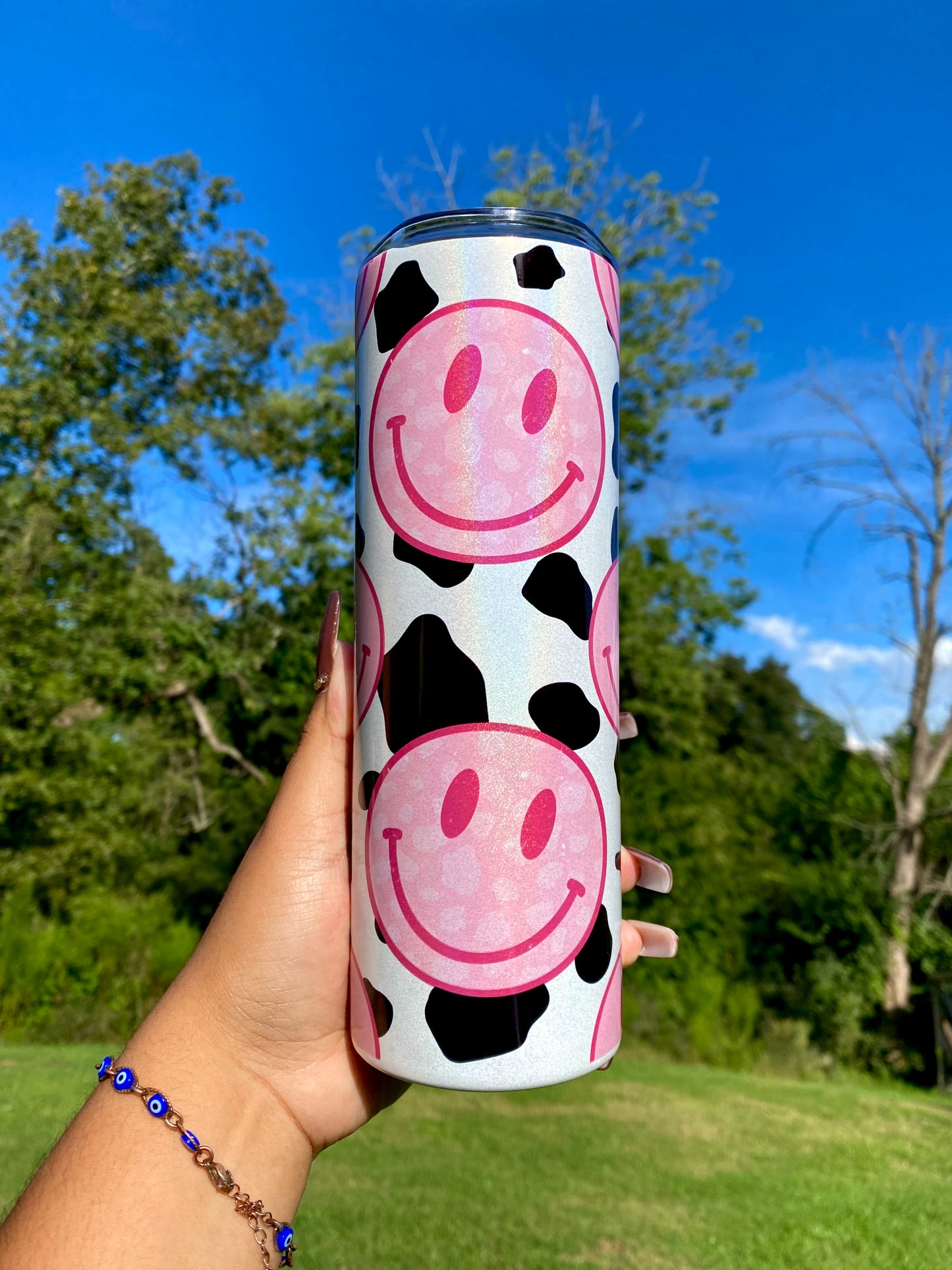 Shimmery Smiley & Cow Print Tumbler, 20oz Skinny Tumbler