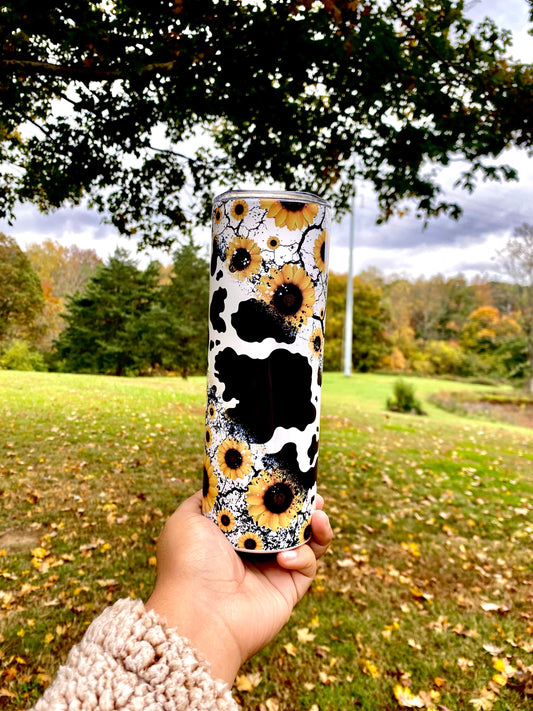 Sunflowers & Cow Print Tumbler, Cow Print Tumbler, Western Skinny Tumbler, Sunflower Skinny Tumbler, Cowgirl Gift, Christmas Gift