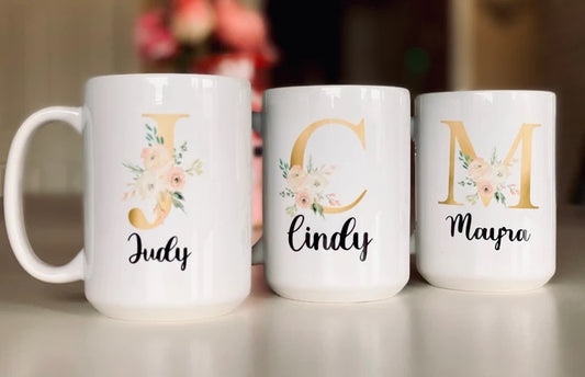 Letter Mug, Flower Mug, Personalized 15 oz Mug, Coffee Lover Gift, Coffee Mug, Valentines Gift, Resuable Cup